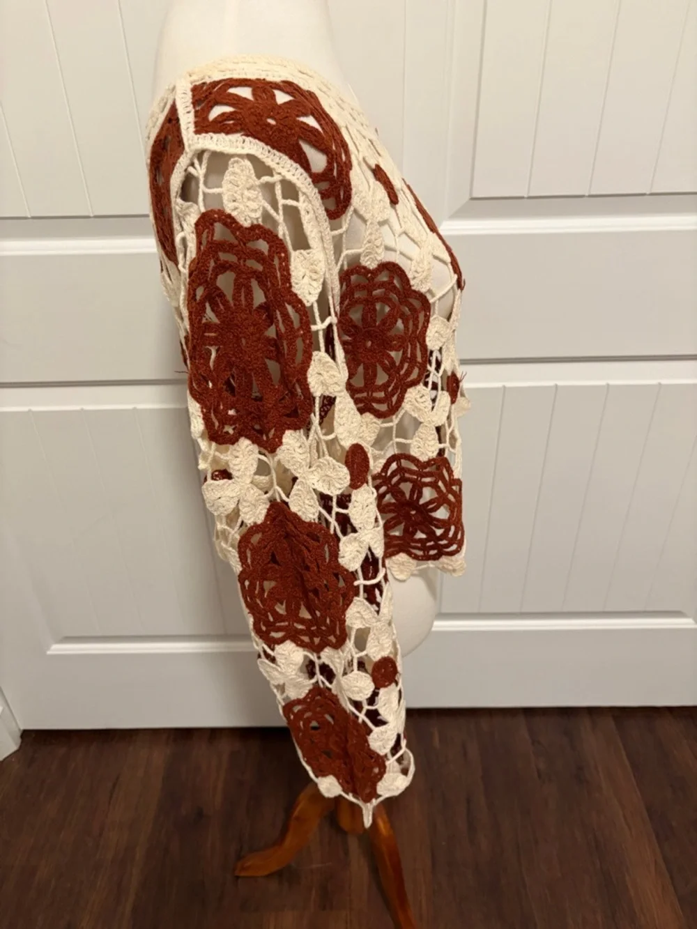 Rebellion Crochet Floral Open-Weave Sweater - Cream & Brown - Picture 4 of 4